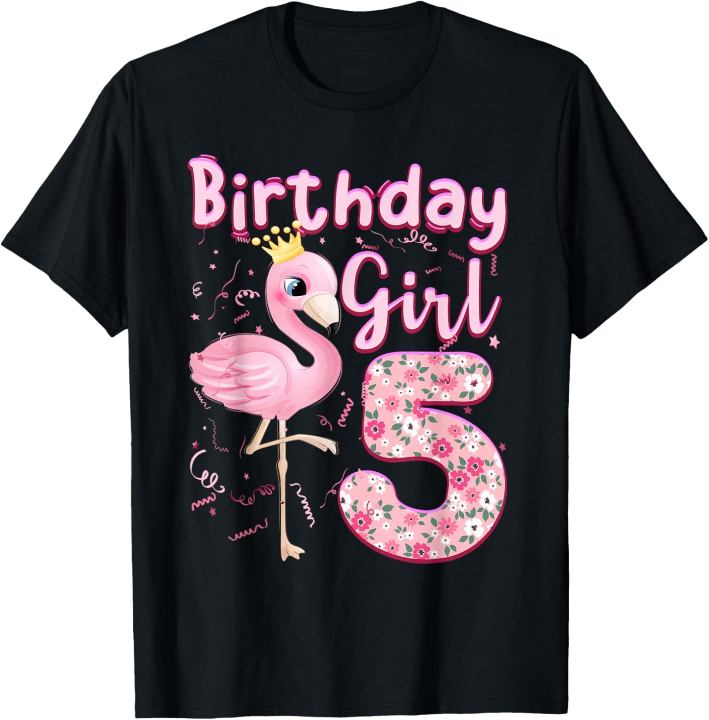 5th Birthday Girls Flamingo 5 Years Old Tropical Flamingo T-Shirt - T-Shirt | Black