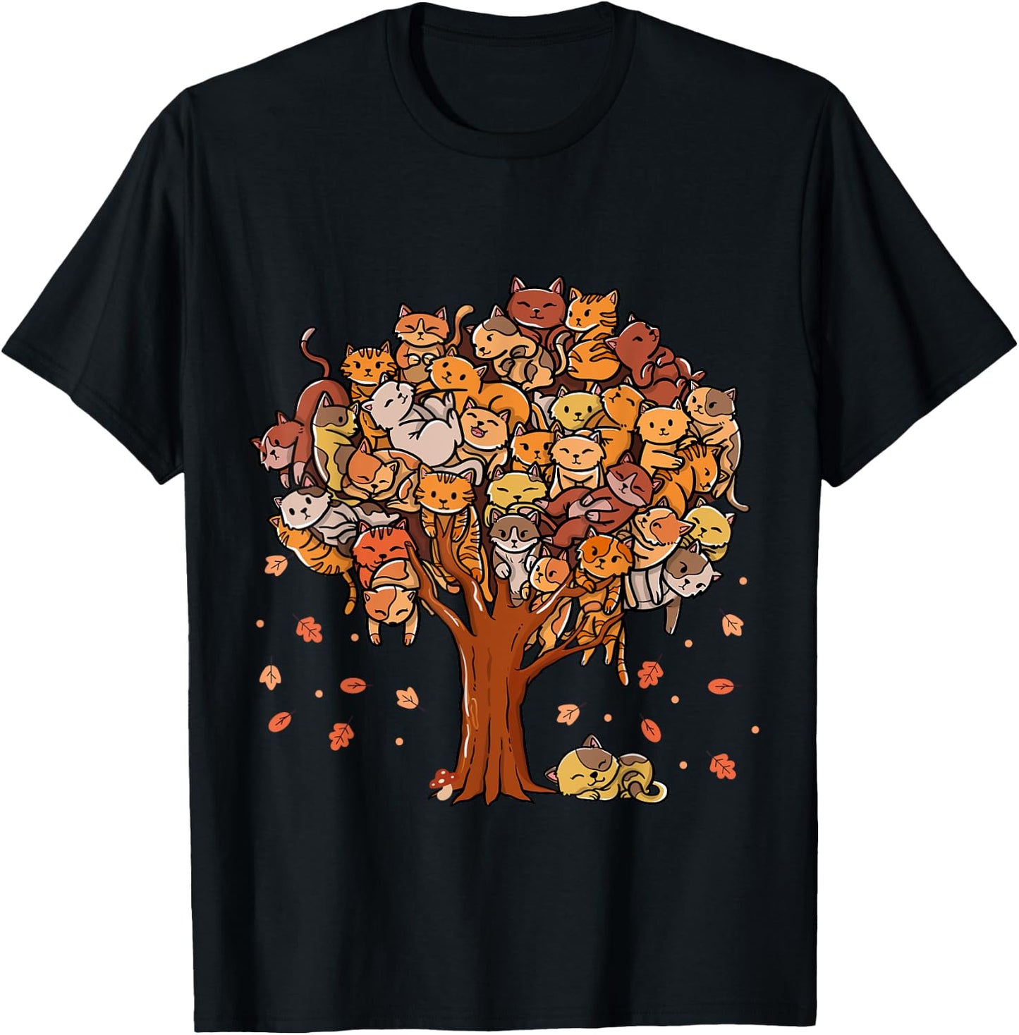 Autumn Tree Kittens Family Of Cats Fall Season Leaves T-Shirt - T-Shirt | Black