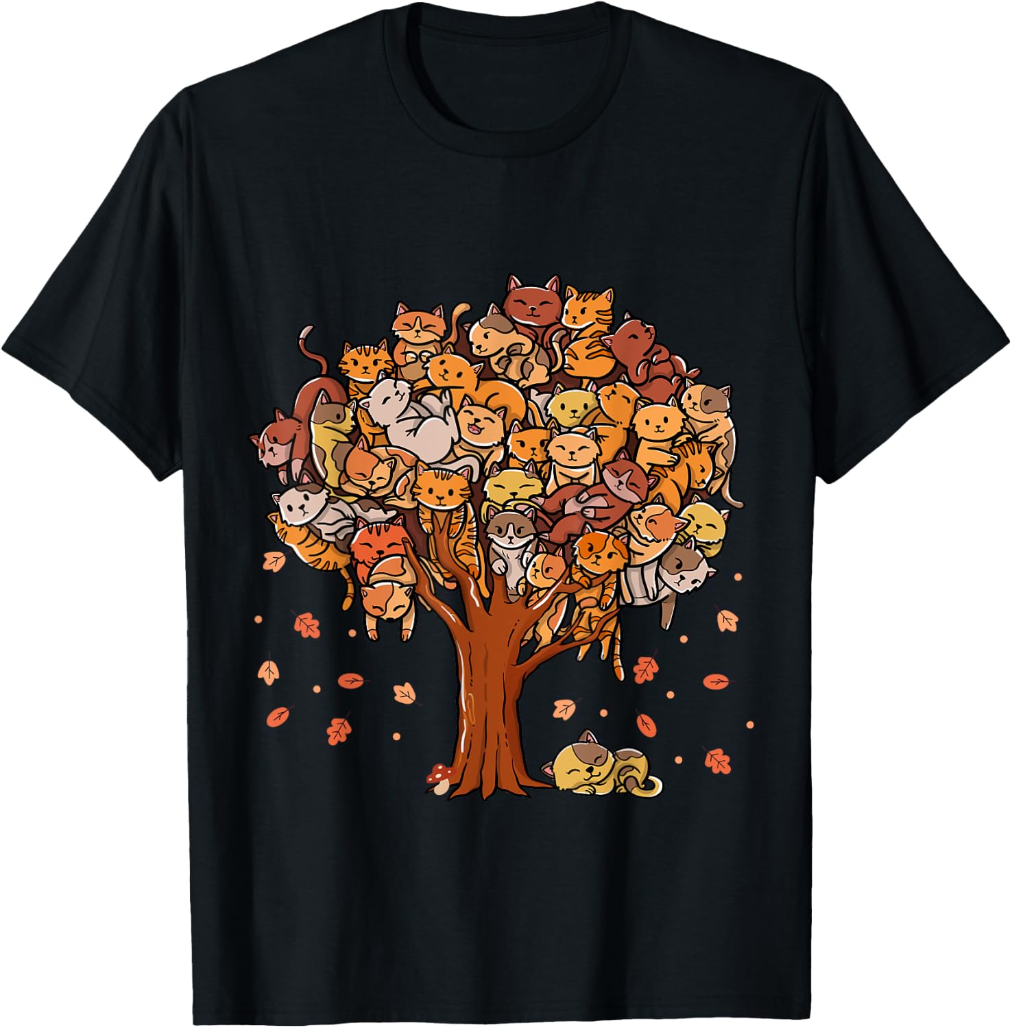 Autumn Tree Kittens Family Of Cats Fall Season Leaves T-Shirt - T-Shirt | Black