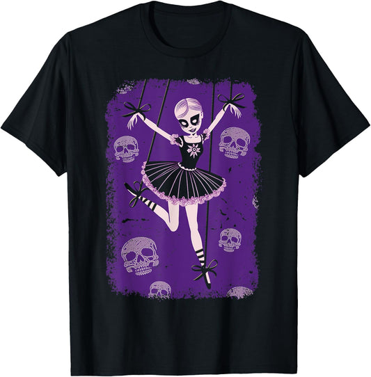 Creepy Cute Ballerina Punk Goth Marionette Doll With Skulls T-Shirt - T-Shirt | Black