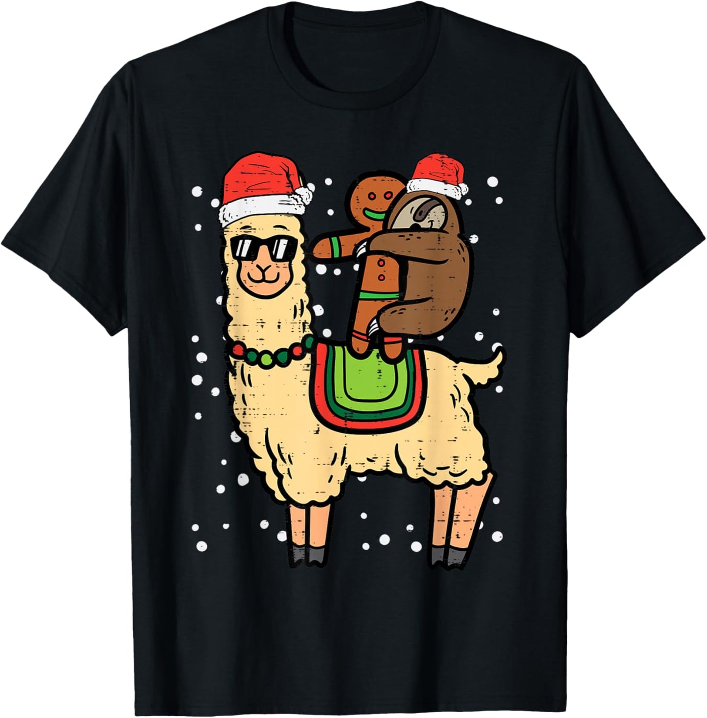Christmas Sloth Gingerbread Riding Llama Xmas Men Women Kids T-Shirt - T-Shirt | Black