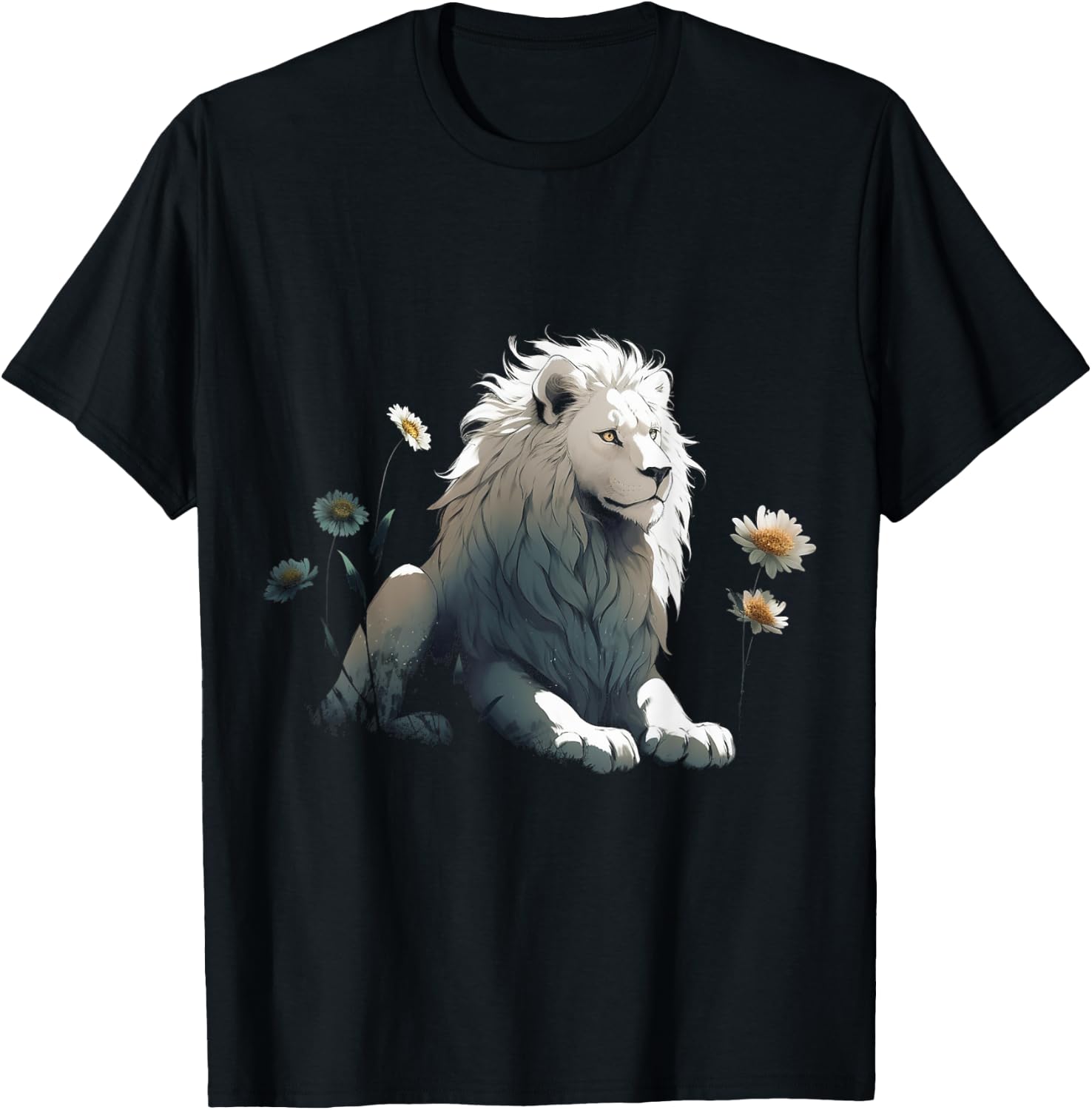 White Lion Flower Art - Animal Motif Zoo Lion T-Shirt - T-Shirt | Black