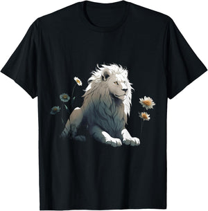 White Lion Flower Art - Animal Motif Zoo Lion T-Shirt - T-Shirt | Black
