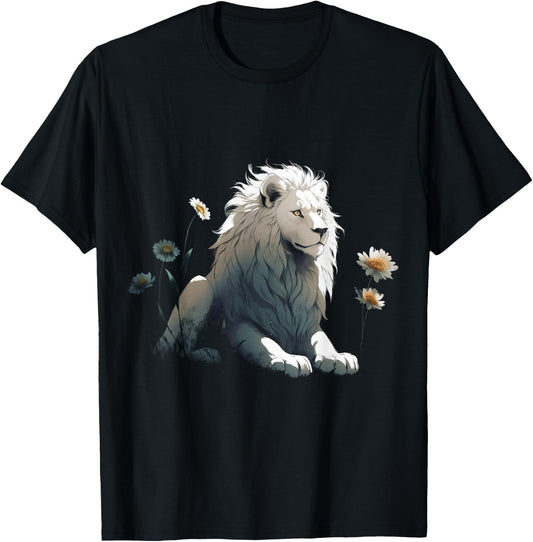 White Lion Flower Art - Animal Motif Zoo Lion T-Shirt - T-Shirt | Black