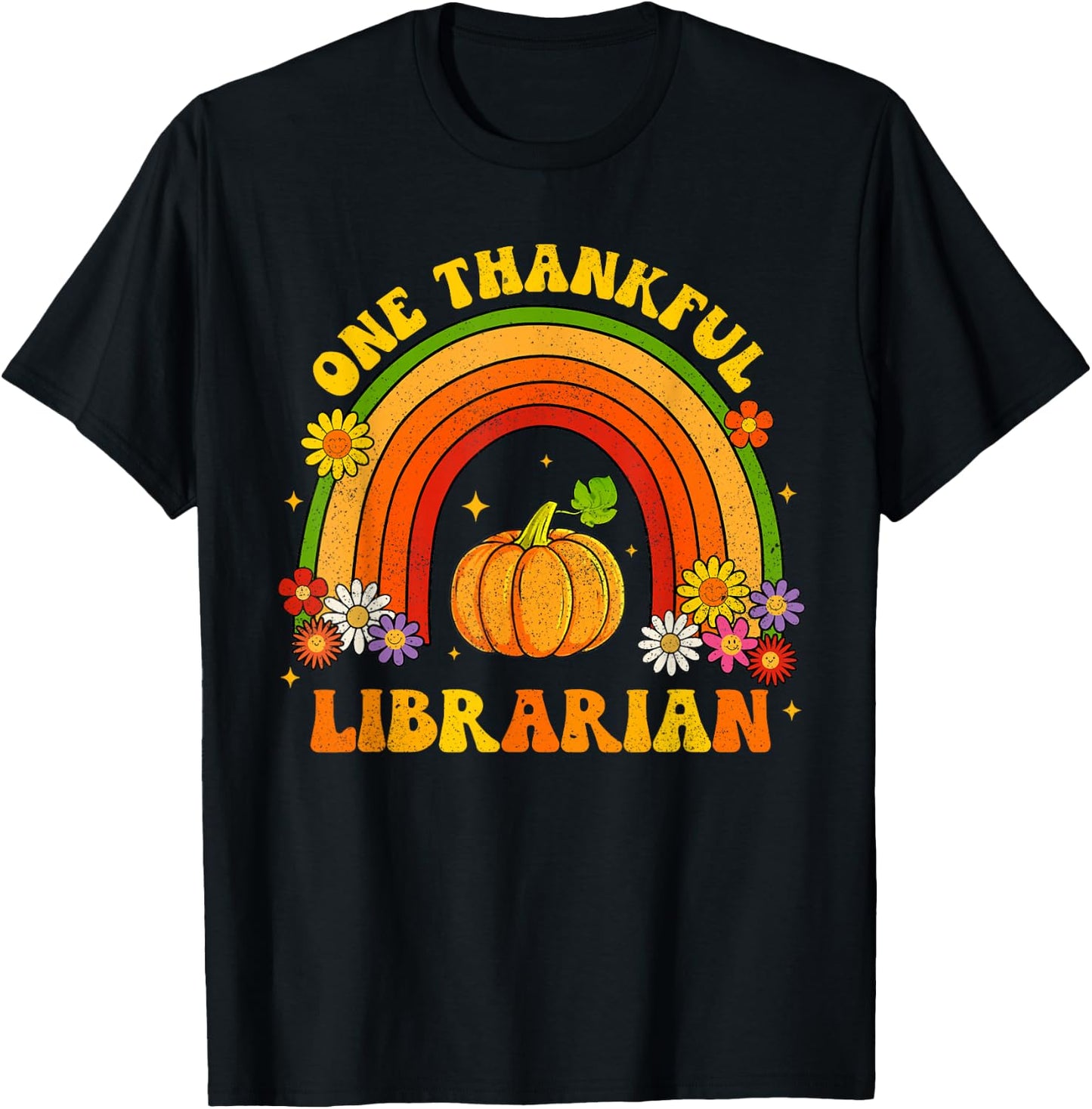 Retro One Thankful Librarian Groovy Rainbow Thanksgiving T-Shirt - T-Shirt | Black