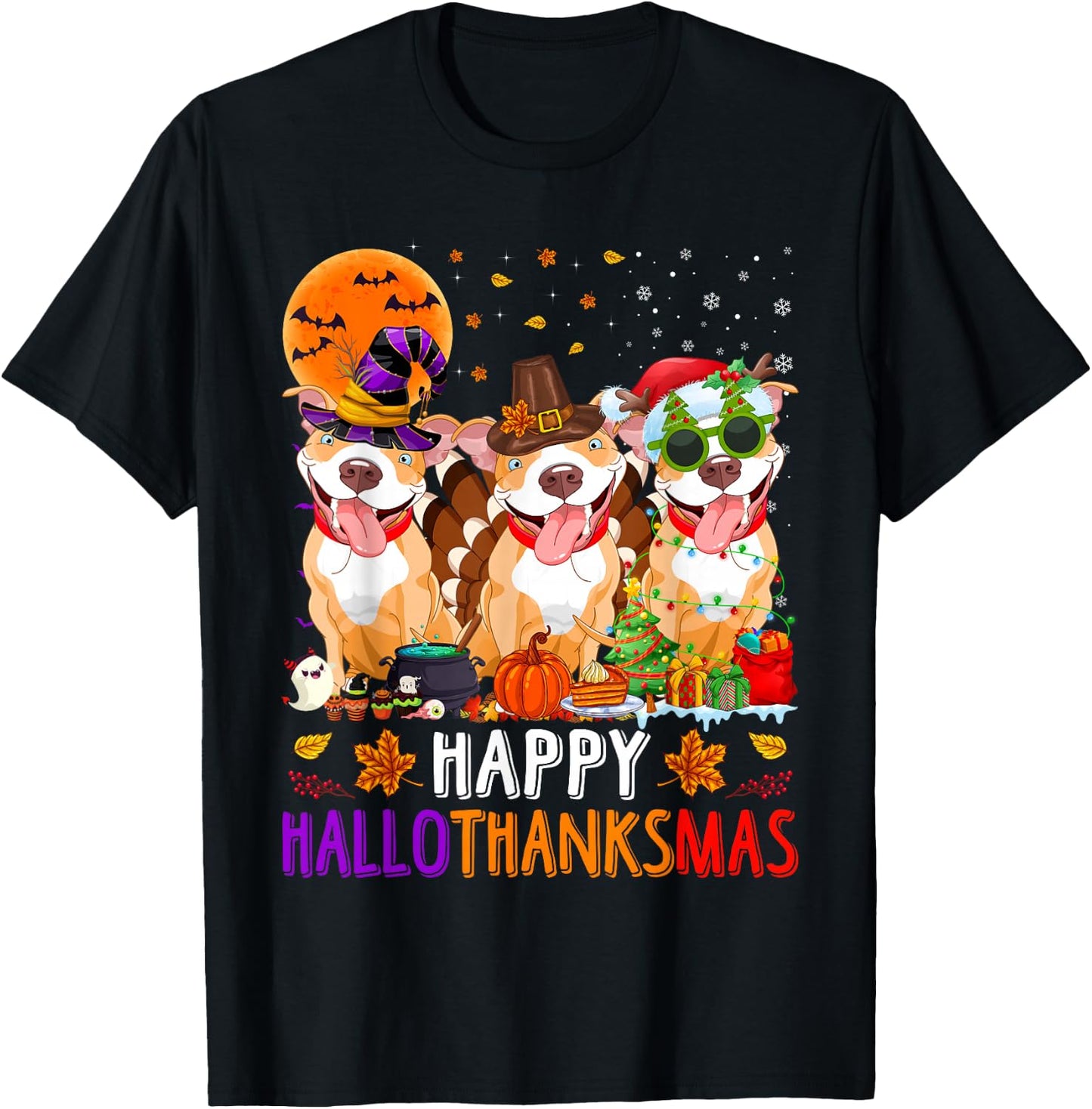 Happy Hallothanksmas Pitbull Dog Halloween Christmas T-Shirt - T-Shirt | Black
