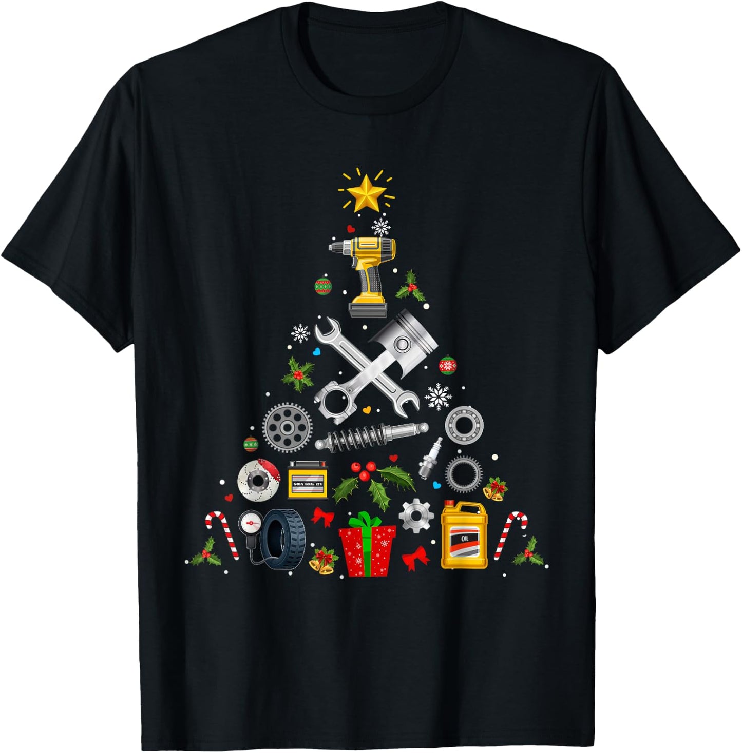 Mechanic Christmas Ornament Tree In Garage Car Mechanic 2025 T-Shirt - T-Shirt | Black