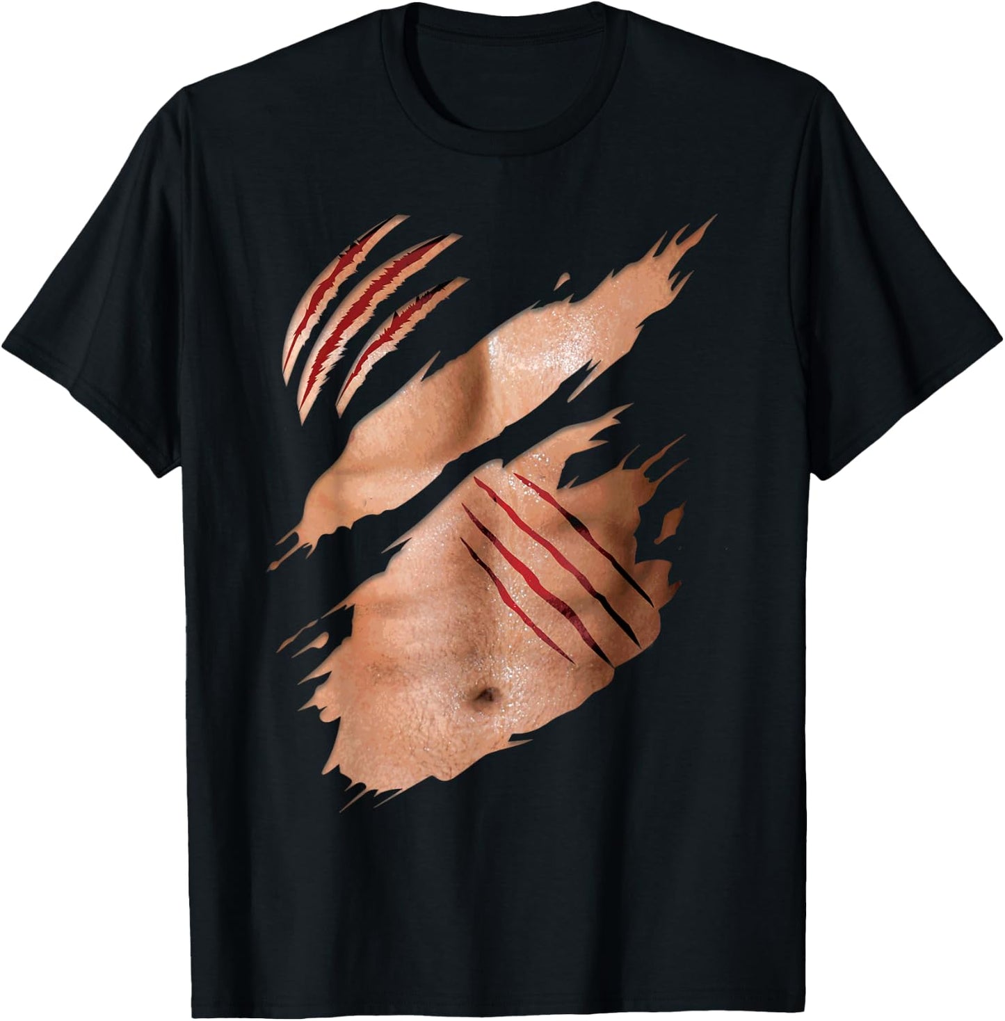 Funny Fake Six Pack Abs Buff Body Claw Scratches Costume T-Shirt - T-Shirt | Black