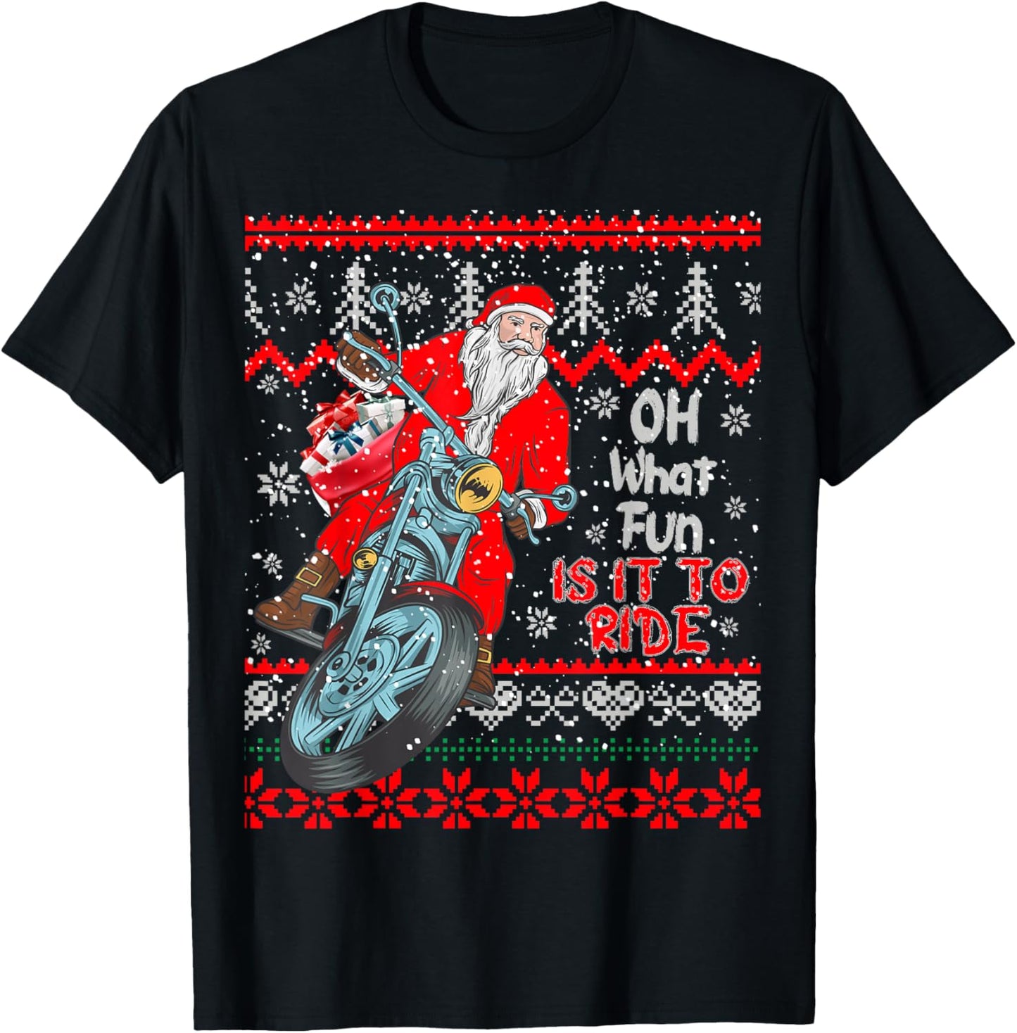 "Biker Santa" Motorcycle Ugly Christmas Sweater T-Shirt - T-Shirt | Black