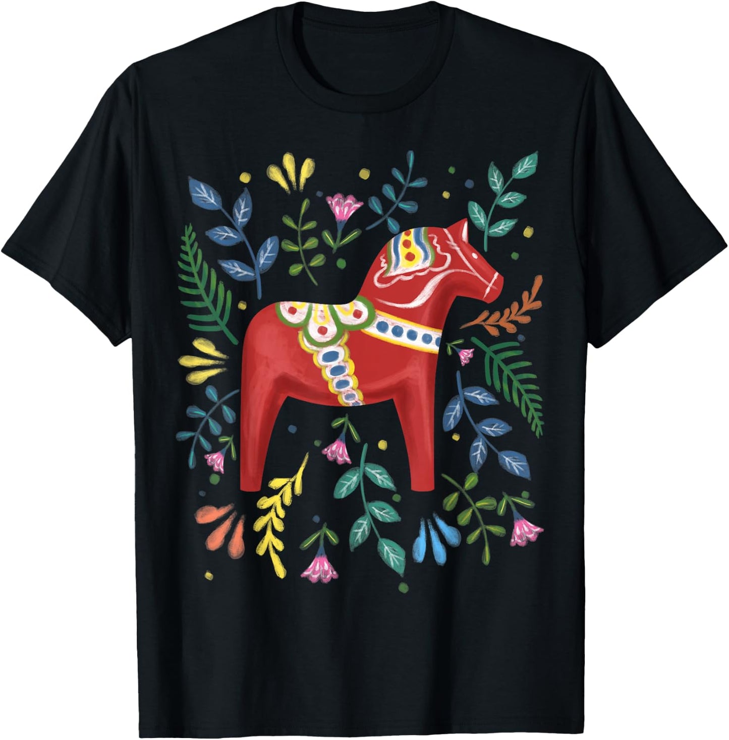 Swedish Dala Horse Folk Art Sweden Flag Dalahelmsoljd T-Shirt - T-Shirt | Black