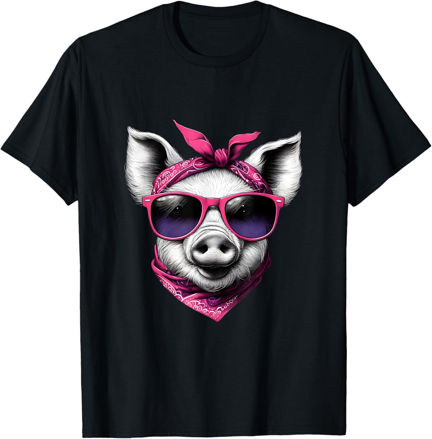 Pig Wearing A Pink Bandana Headband And Sunglasses T-Shirt - T-Shirt | Black
