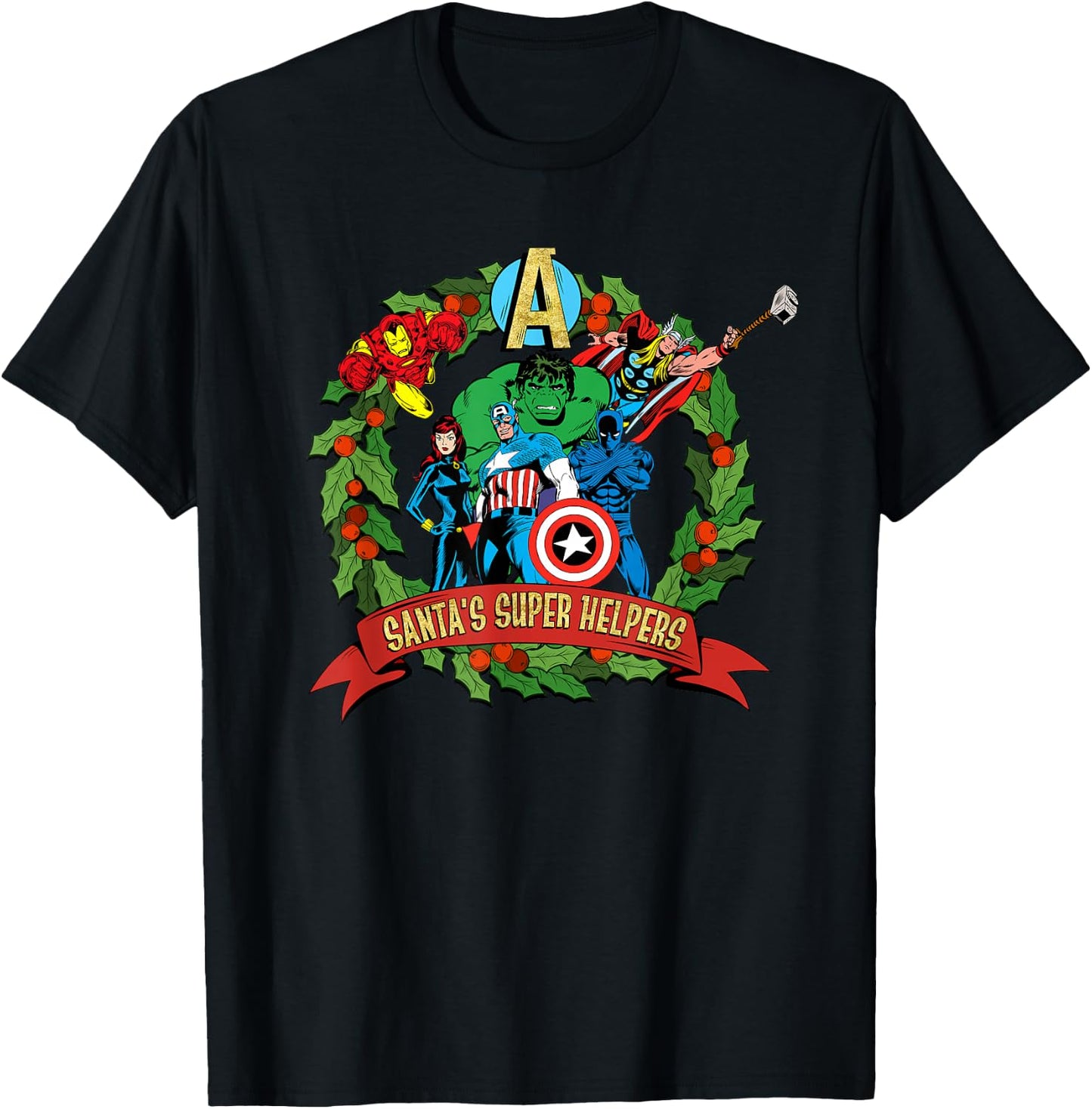Marvel Avengers Santa’s Super Helpers Wreath Retro Holiday T-Shirt - T-Shirt | Black