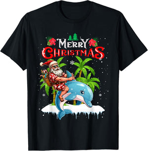 Merry Christmas Hawaiian Santa Sunglasses Riding Dolphin T-Shirt - T-Shirt | Black
