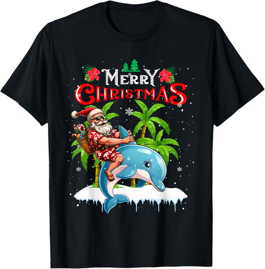 Merry Christmas Hawaiian Santa Sunglasses Riding Dolphin T-Shirt - T-Shirt | Black
