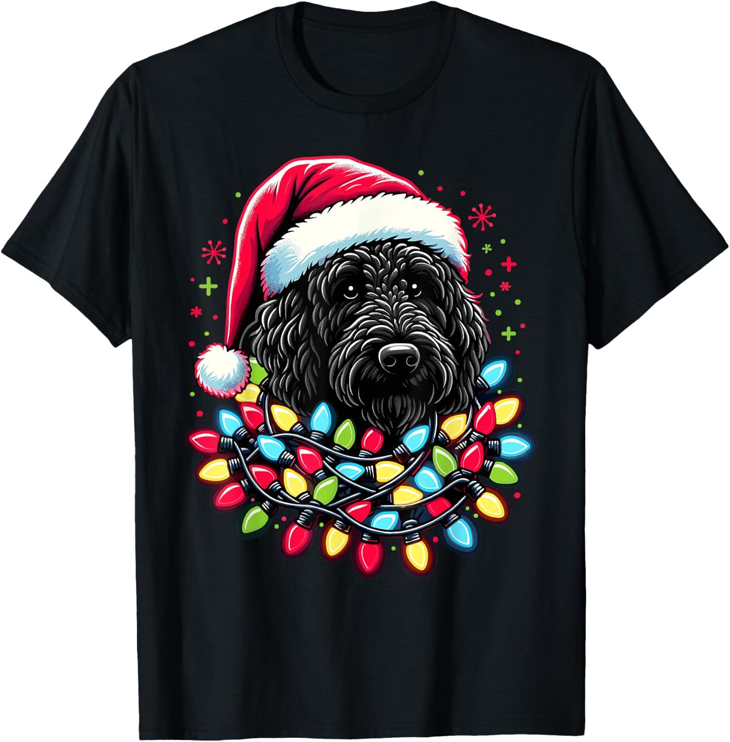 Black Labradoodle Christmas Tree Xmas Lights Doodle Dog T-Shirt - T-Shirt | Black