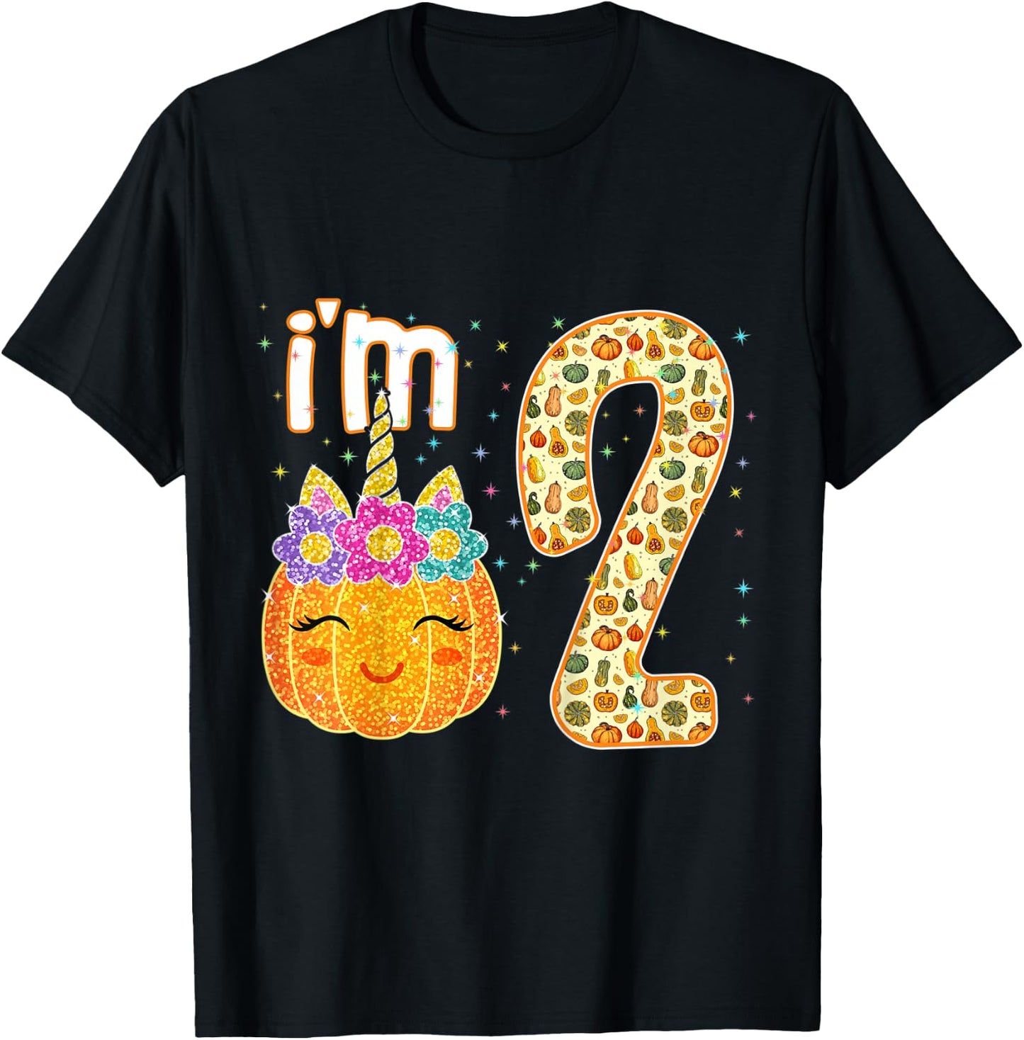 Kids Kids Im 2 Years Old Unicorn Pumpkin Halloween 2nd Birthday T-Shirt - T-Shirt | Black