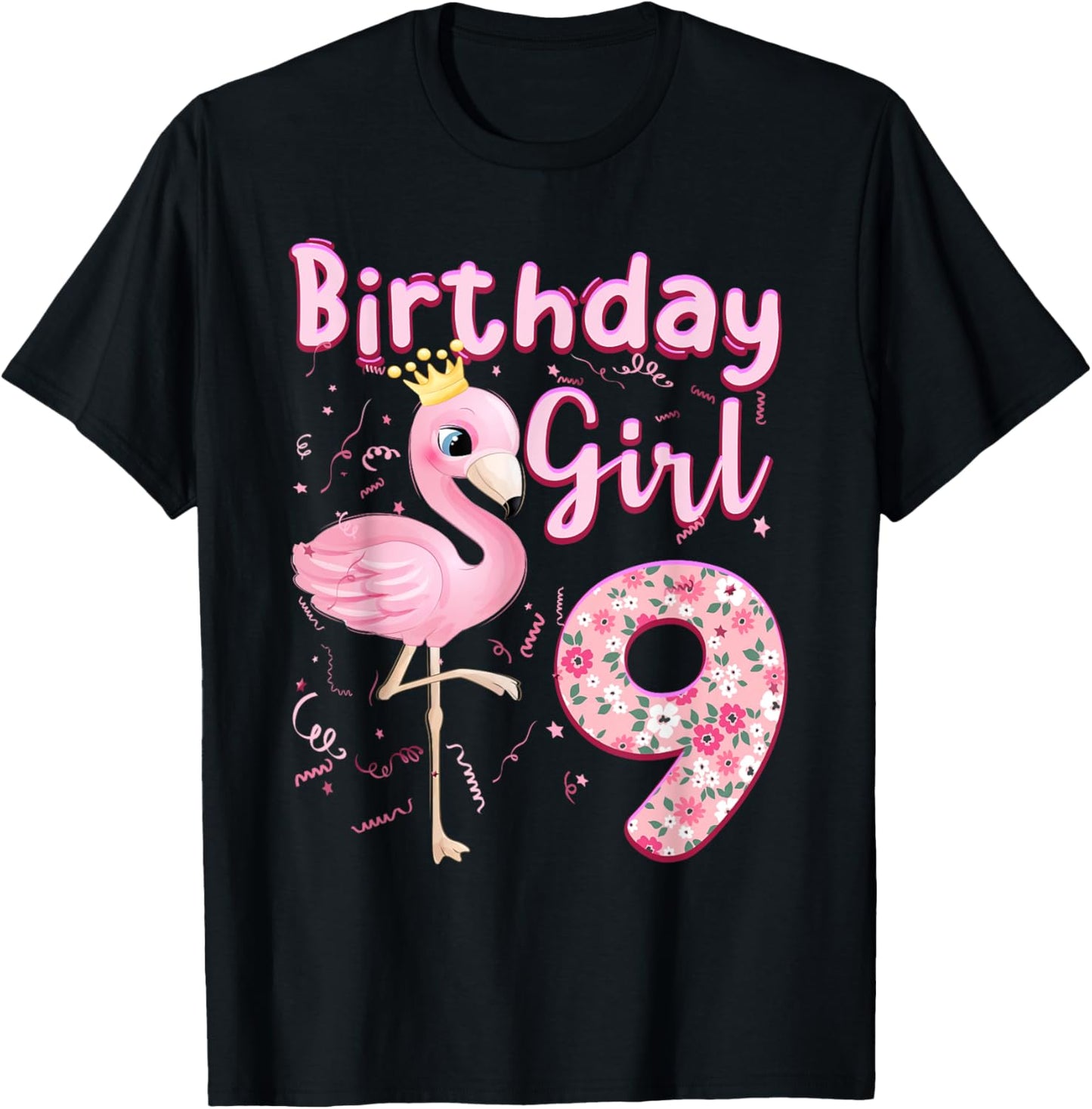 9th Birthday Girls Flamingo 9 Years Old Tropical Flamingo T-Shirt - T-Shirt | Black