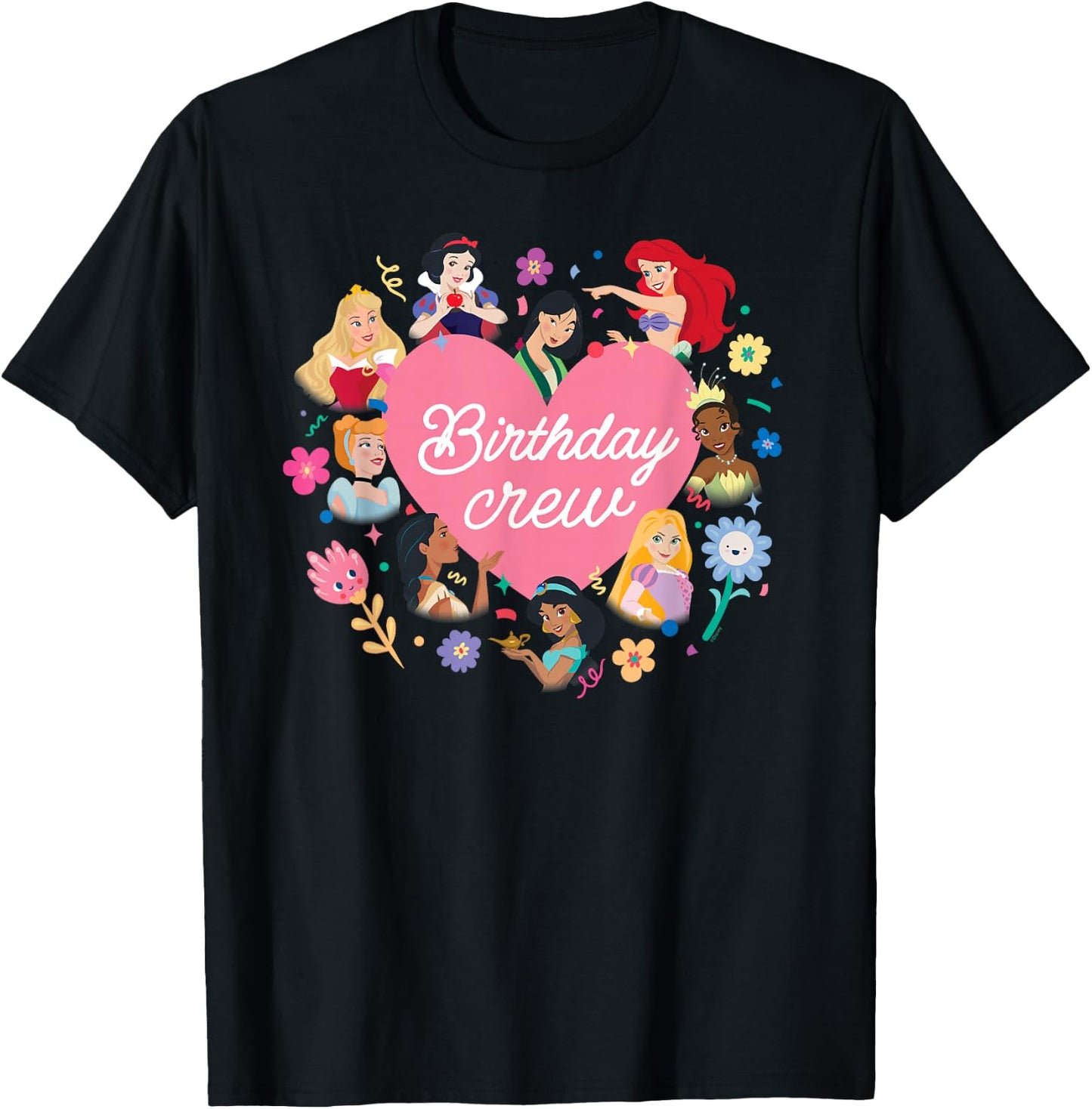 Disney Princess Heart Flowers Friends & Family Birthday Crew T-Shirt - T-Shirt | Black