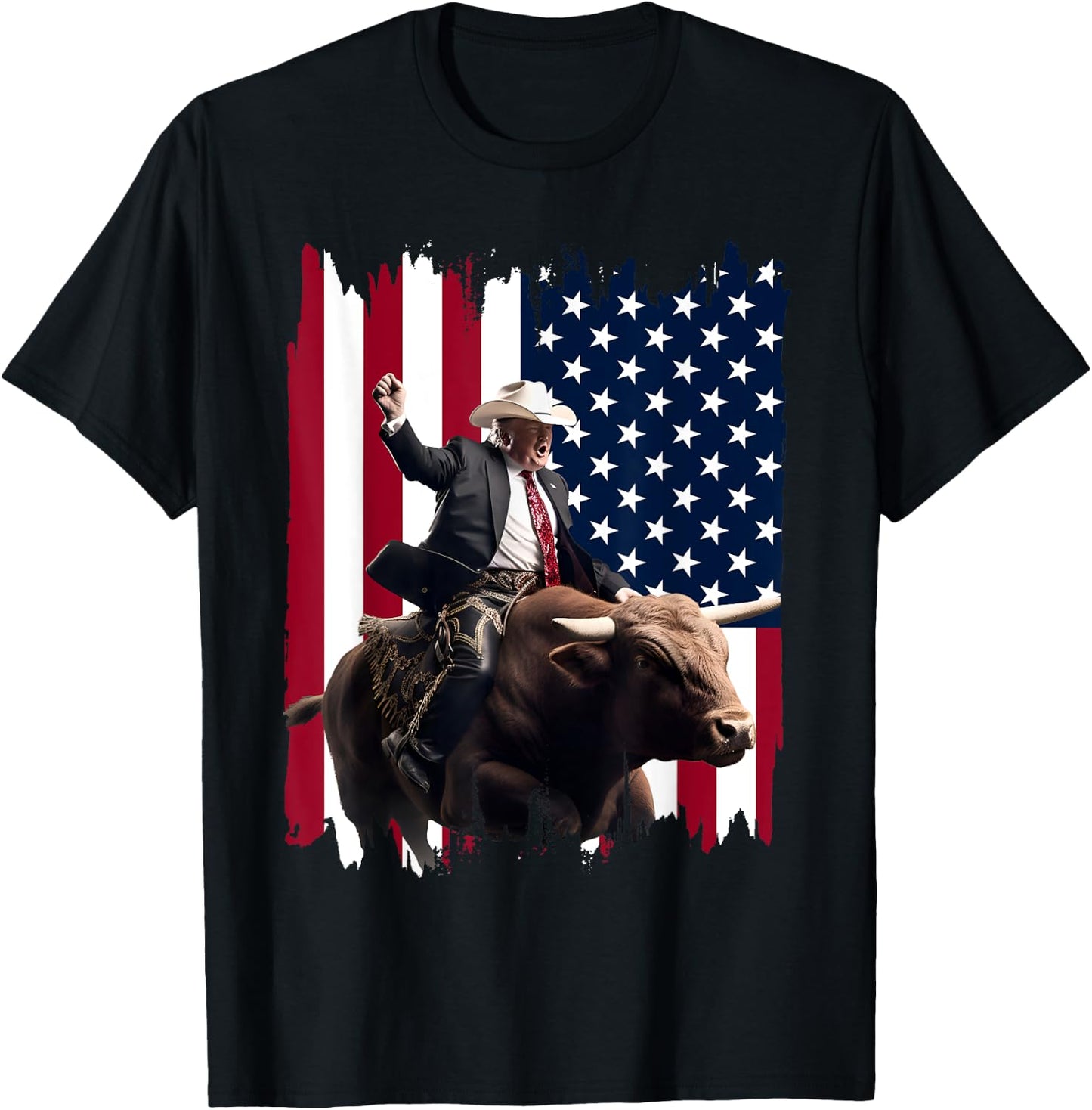 Trump Rodeo Bull Rider Patriotic American Flag 4Th Of July T-Shirt - T-Shirt | Black