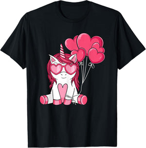 Cute Valentines Day Unicorn Lover Heart Balloon Girls Kids T-Shirt - T-Shirt | Black