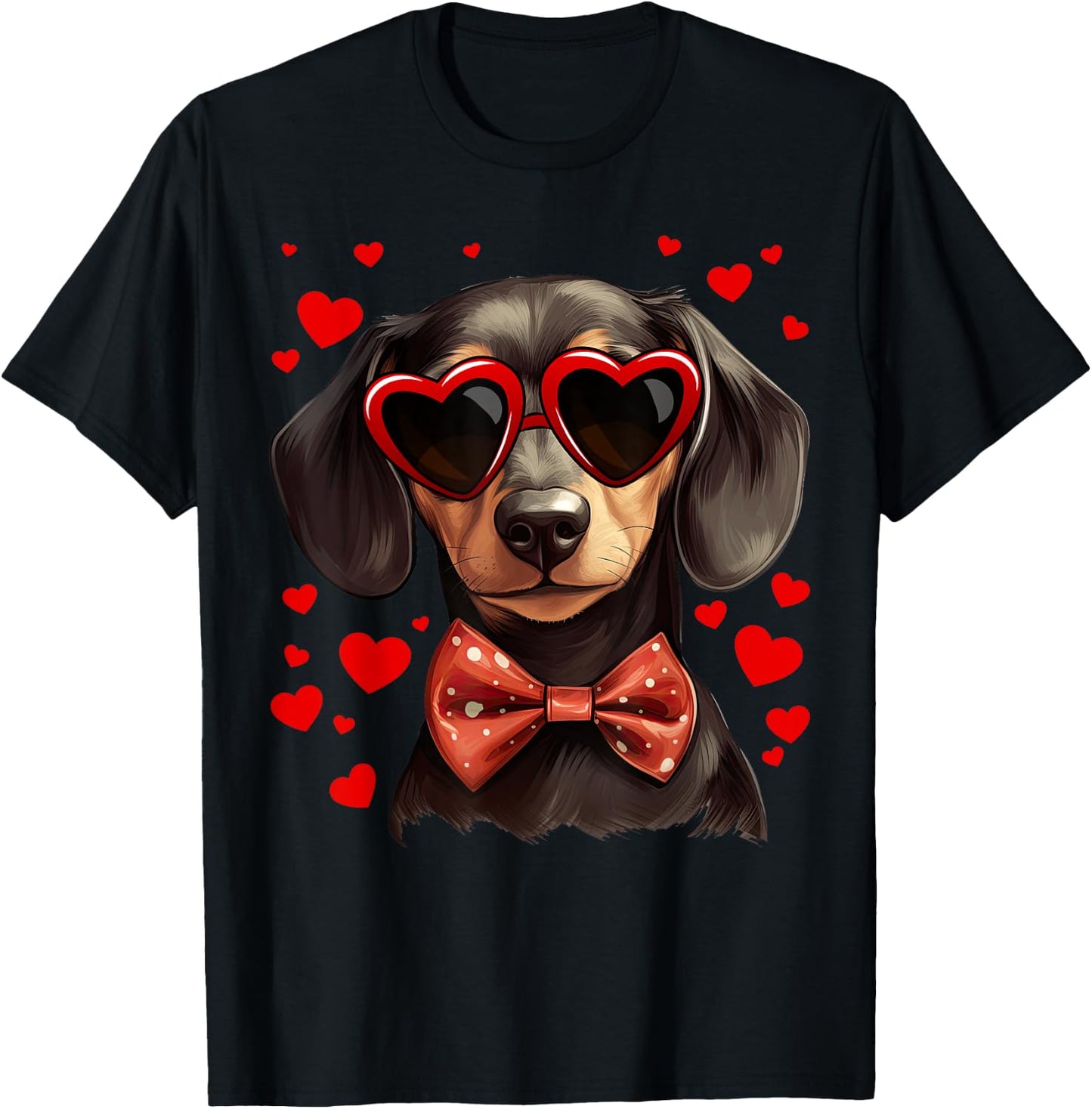 Dachshund Dog Heart Sunglasses Bow Tie Valentine's Day T-Shirt - T-Shirt | Black