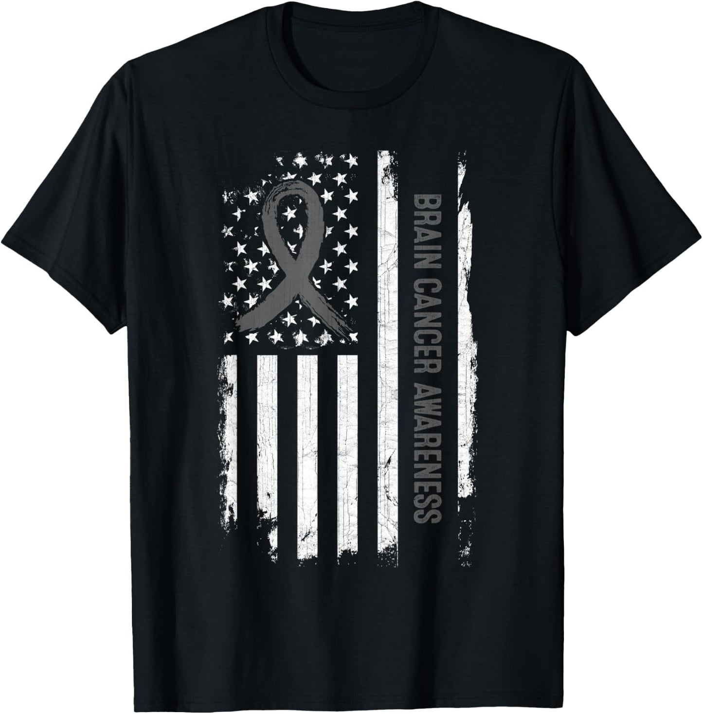 Brain Cancer Awareness American Flag - Gray Ribbon T-Shirt - T-Shirt | Black