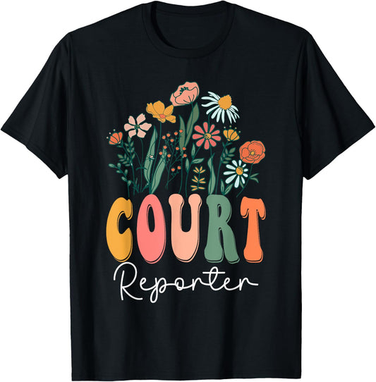 Retro Groovy floral Court Reporter Wildflower T-Shirt - T-Shirt | Black