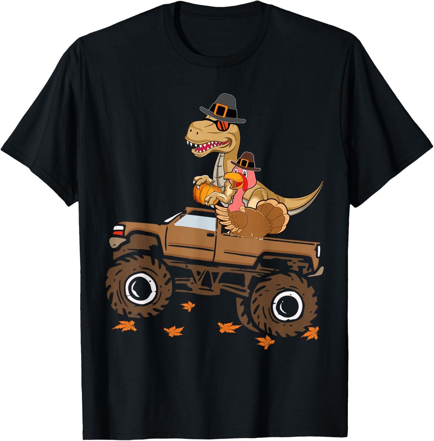 Happy Thanksgiving dinosaur Turkey Riding truck kids boys T-Shirt - T-Shirt | Black