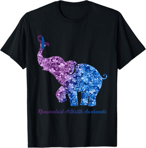 Elephant With Flower Rheumatoid Arthritis Awareness Ribbon T-Shirt - T-Shirt | Black