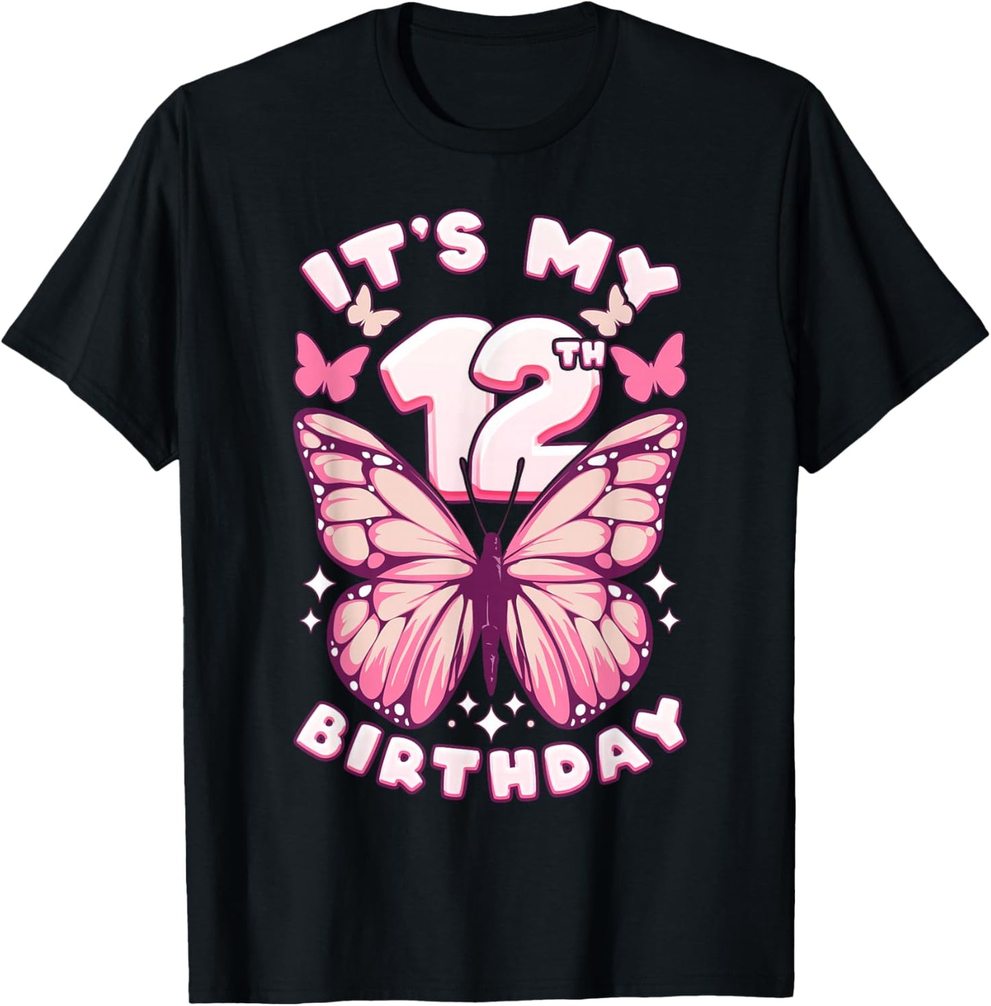 12th Birthday Girl 12 Years Old Butterflies Number 12 T-Shirt - T-Shirt | Black