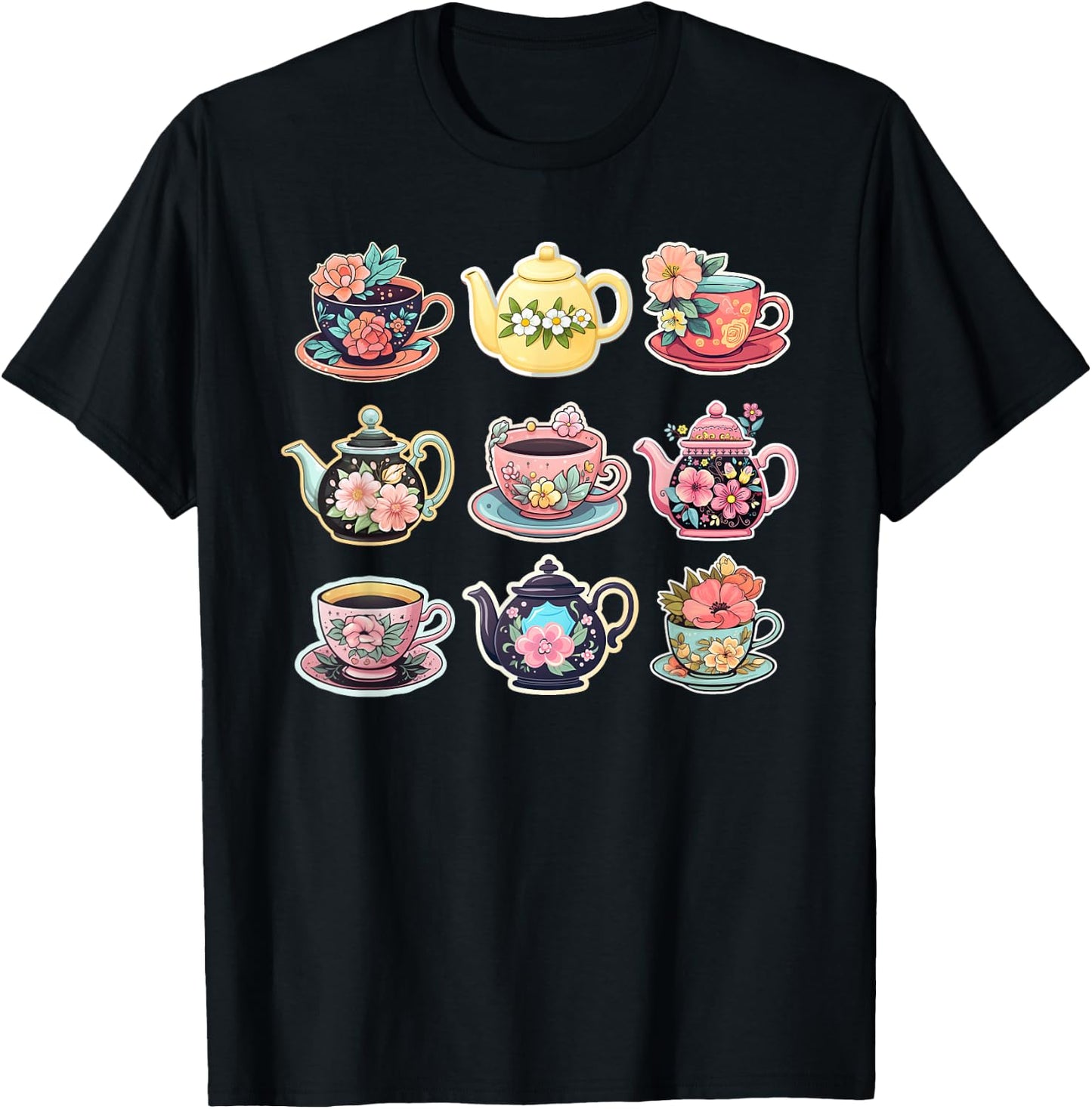 Teapot and Tea Cups With Flowers T-Shirt - T-Shirt | Black