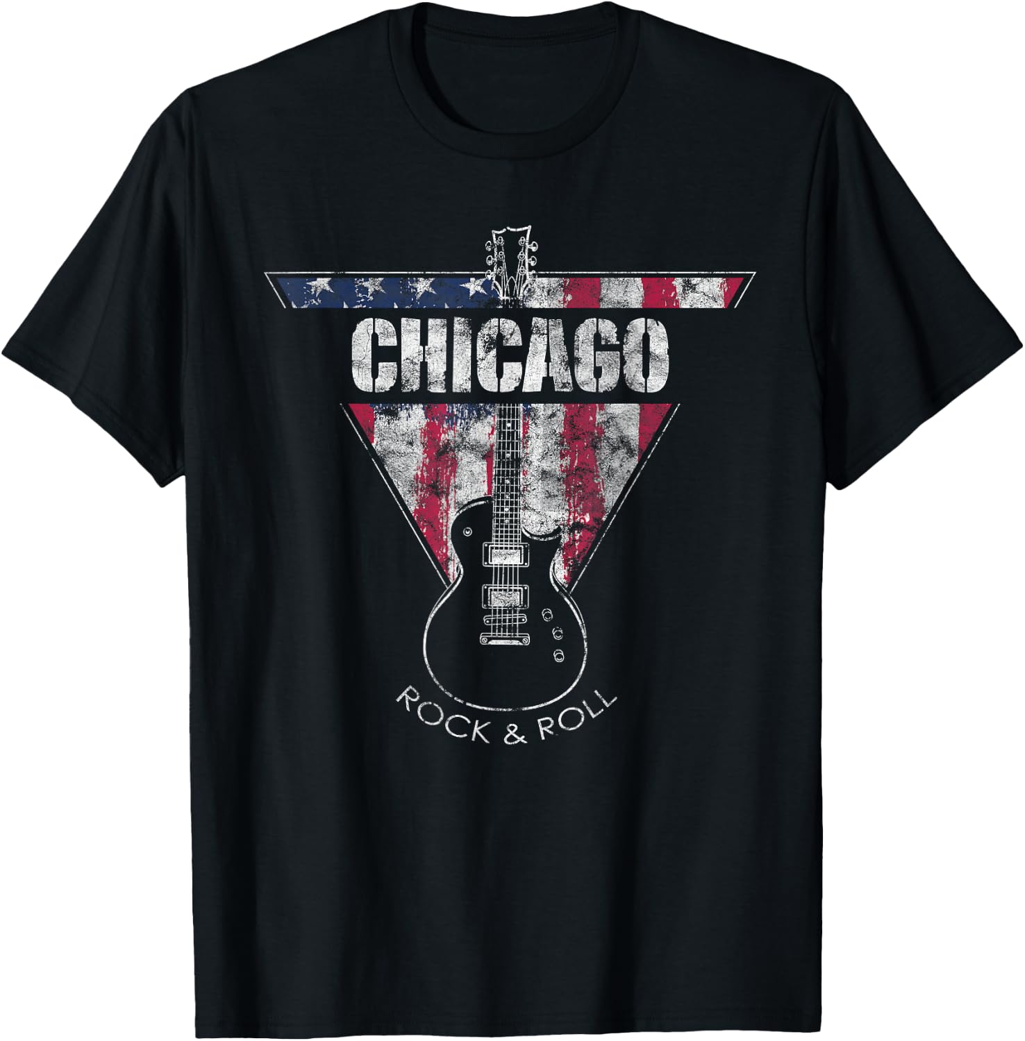 Chicago Vintage American Flag Guitar Player Souvenir T-Shirt - T-Shirt | Black