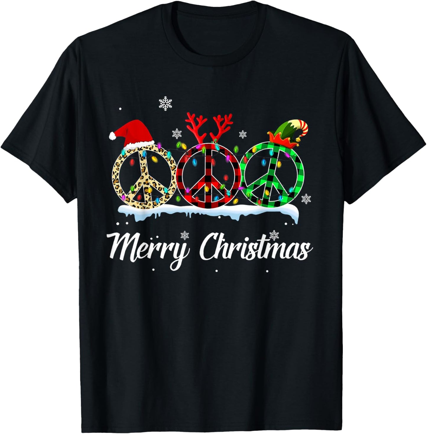 Hippie Peace Sign Santa Hat Reindeer Merry Christmas T-Shirt - T-Shirt | Black