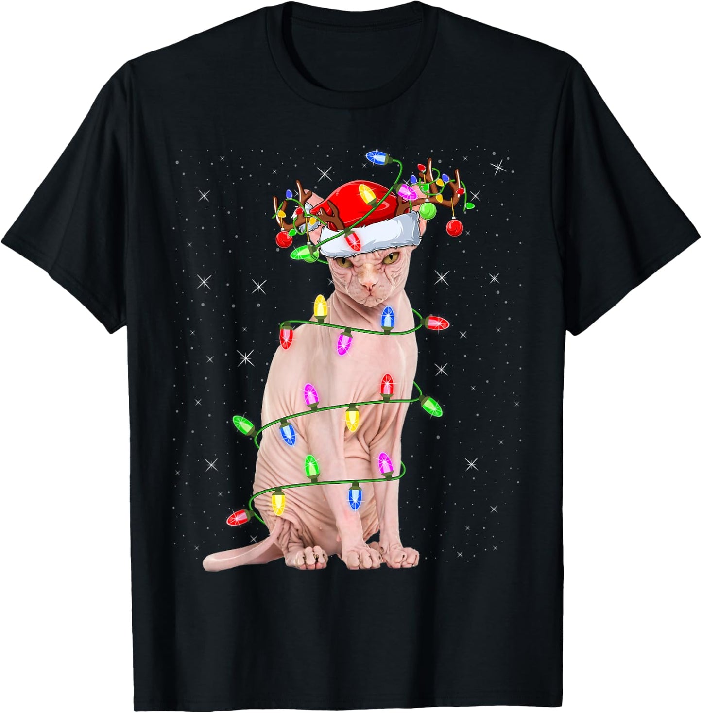 Sphynx Cat Lover Xmas Lighting Santa Sphynx Cat Christmas T-Shirt - T-Shirt | Black