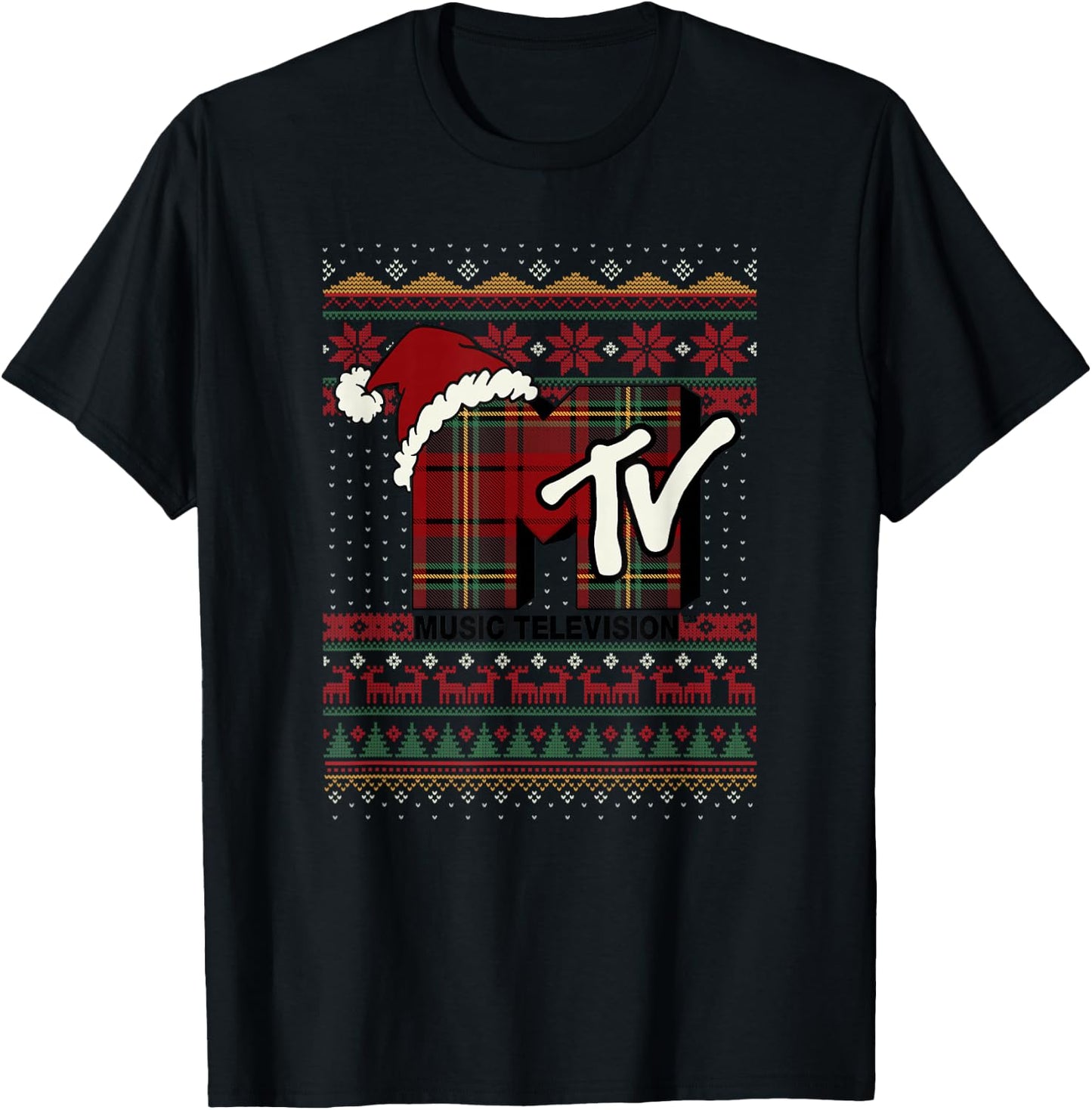 MTV Christmas Plaid Ugly Sweater Logo T-Shirt - T-Shirt | Black