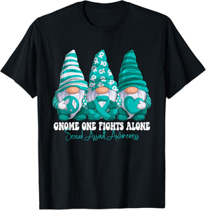 Sexual Assault Awareness Month Teal Ribbon Gnomies Support T-Shirt - T-Shirt | Black