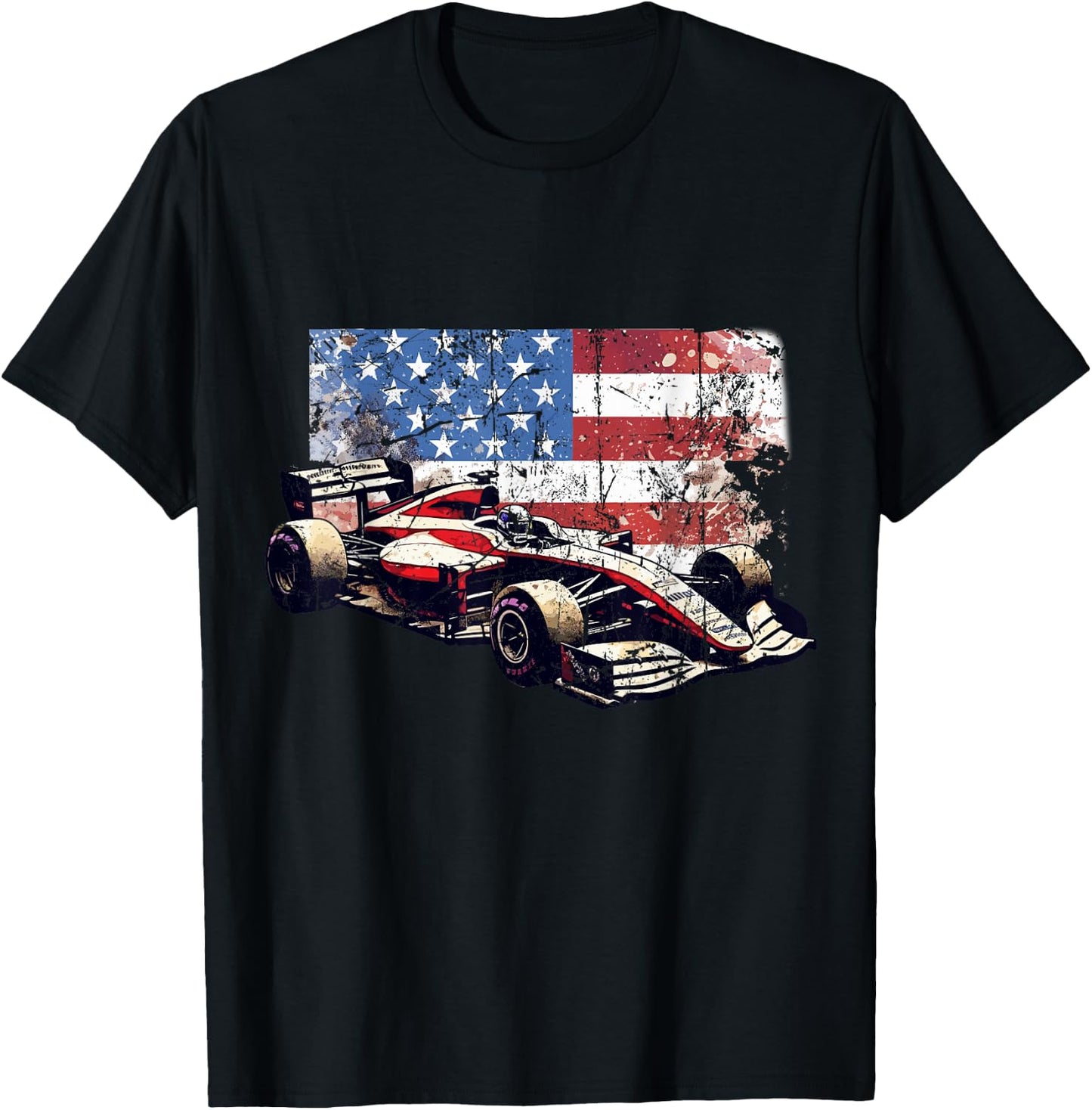 Vintage Auto Racing Car American Flag 4th of July, Auto Race T-Shirt - T-Shirt | Black