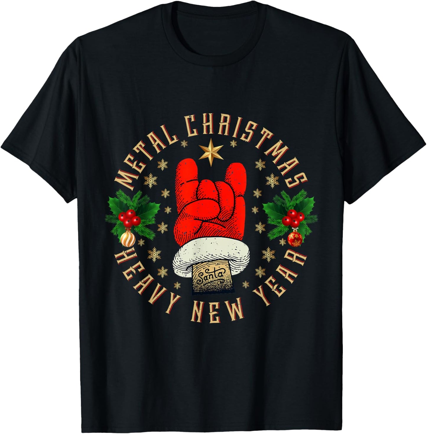 Metal Christmas Heavy New Year, Rock & Roll Santa Clause T-Shirt - T-Shirt | Black