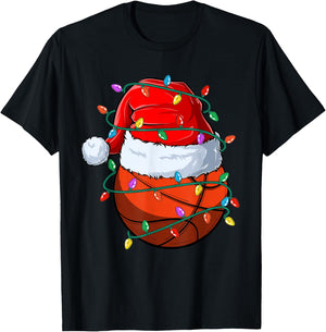Christmas Basketball Xmas Santa Sports Hat Ball Kids Boy Men T-Shirt - T-Shirt | Black