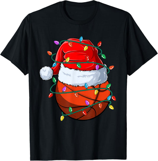 Christmas Basketball Xmas Santa Sports Hat Ball Kids Boy Men T-Shirt - T-Shirt | Black