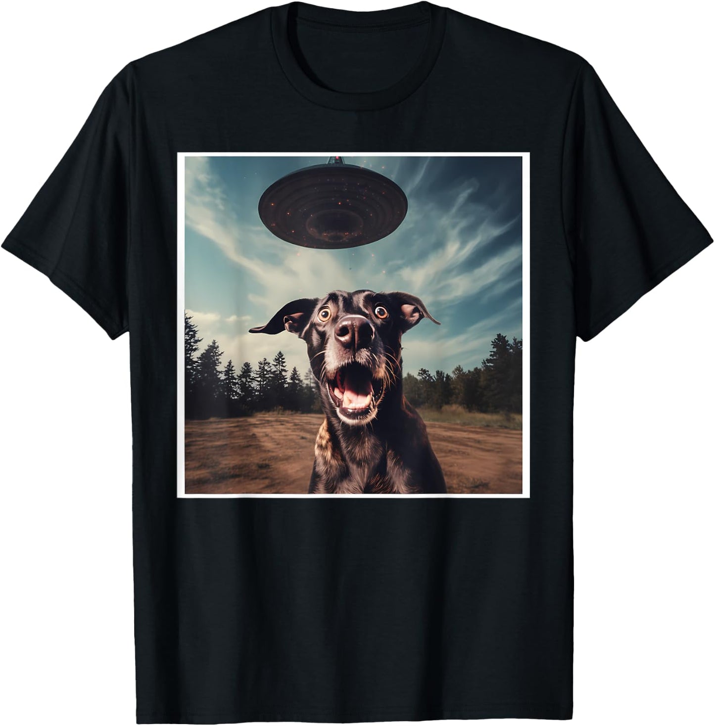 Dog Selfie with UFOs Alien Extraterrestrial UFO Believer Men Women T-Shirt - T-Shirt | Black