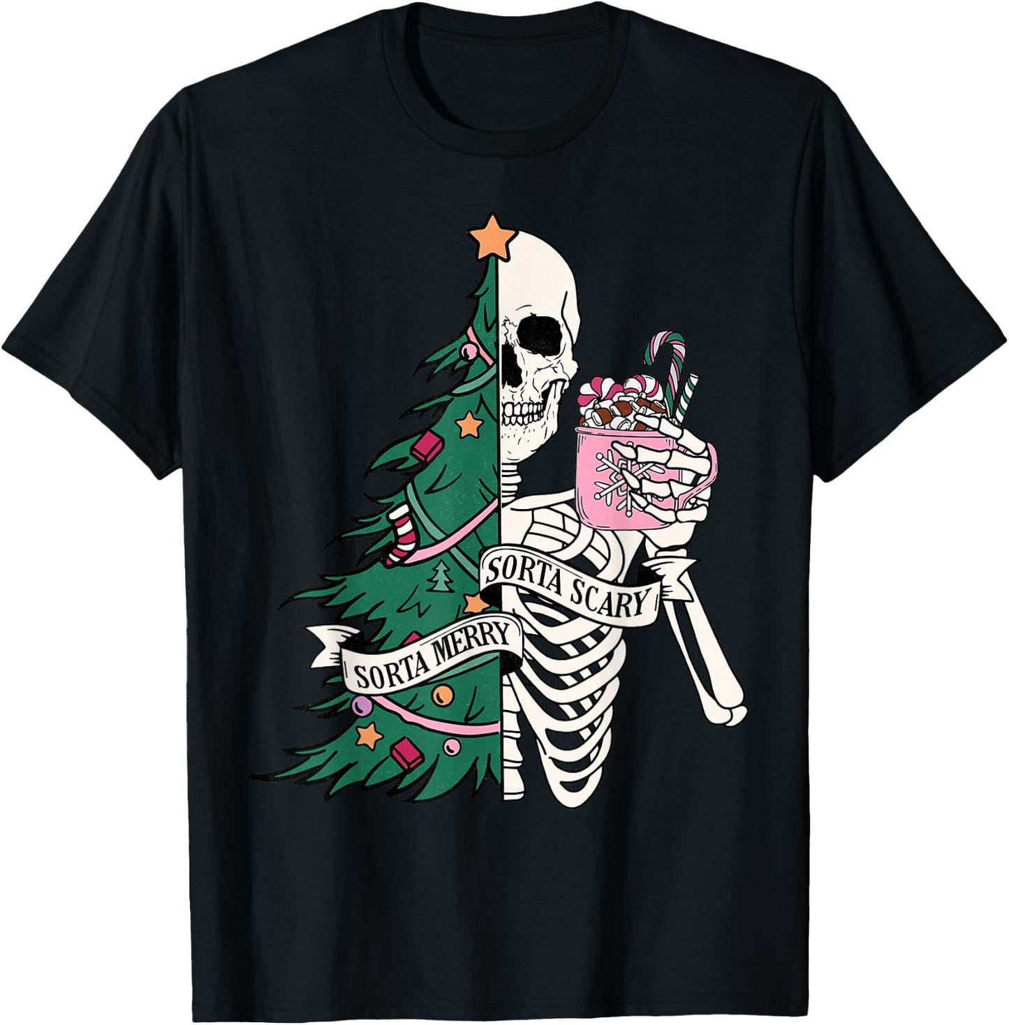 Funny Christmas Sorta Merry Sorta Scary Skeleton Xmas Tree T-Shirt - T-Shirt | Black
