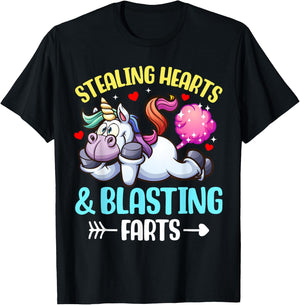 Stealing Hearts And Blasting Farts Fantasy Unicorn Gag T-Shirt - T-Shirt | Black