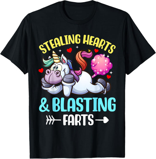 Stealing Hearts And Blasting Farts Fantasy Unicorn Gag T-Shirt - T-Shirt | Black
