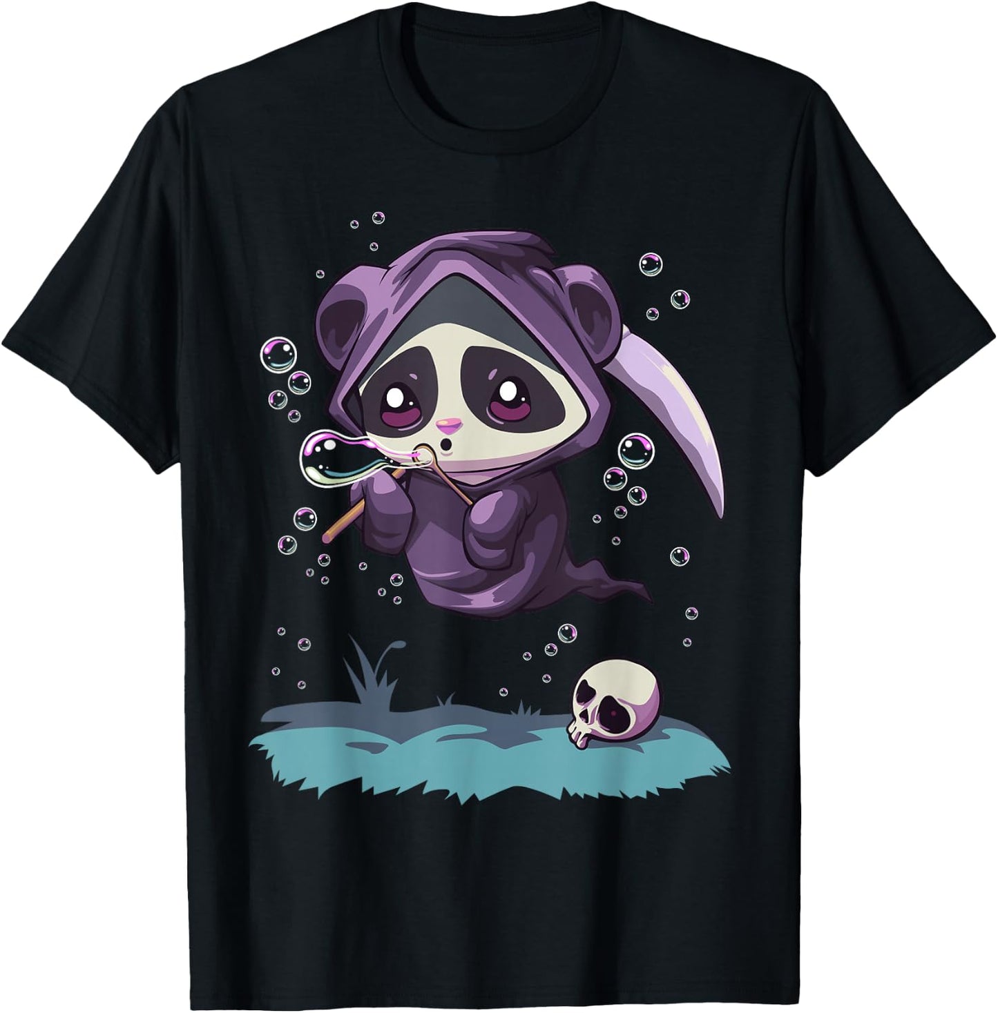 Pastel Goth Kawaii Panda Bear Reaper with Bubbles T-Shirt - T-Shirt | Black