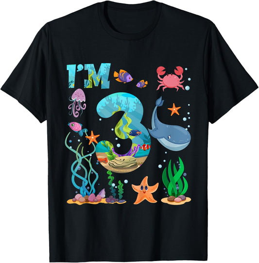 Kids 3 Year Old Boy Girl Sea Animals 3rd Birthday Kids T-Shirt - T-Shirt | Black