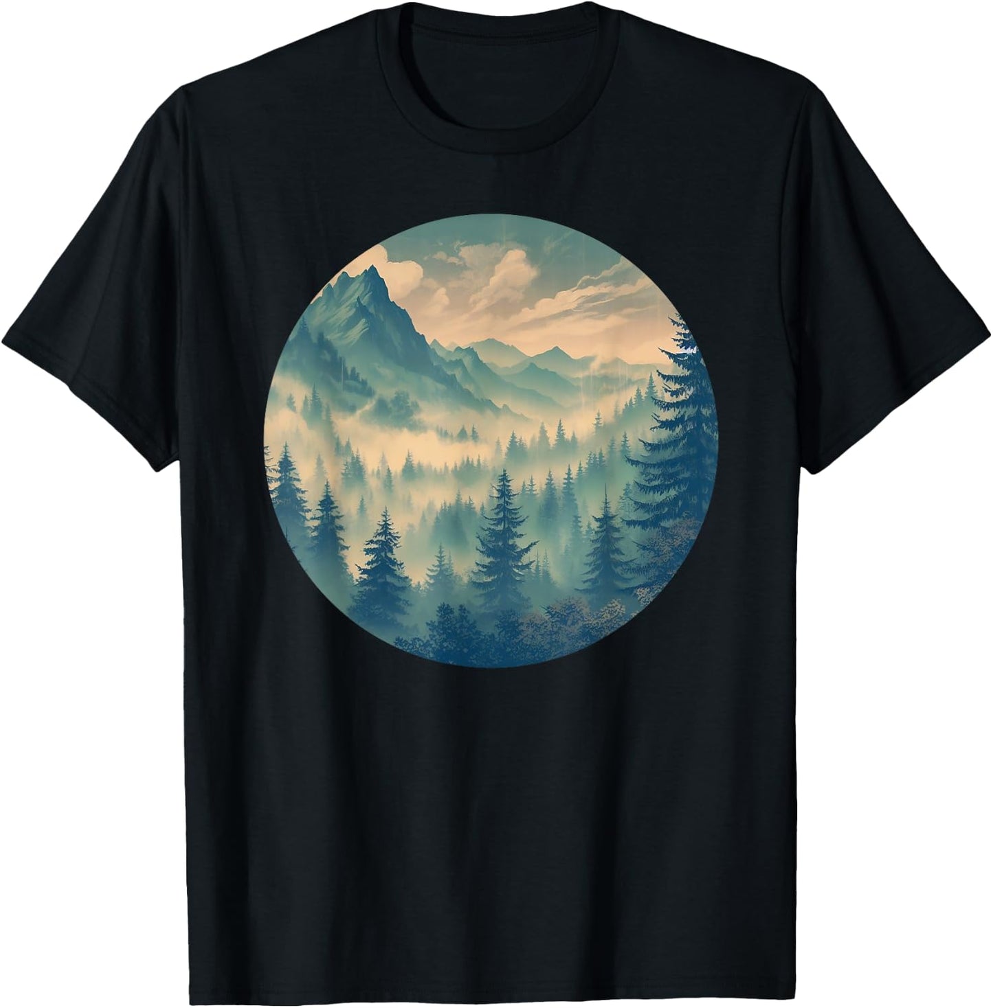 Foggy Forest Pine Tree Woods Green Nature T-Shirt - T-Shirt | Black
