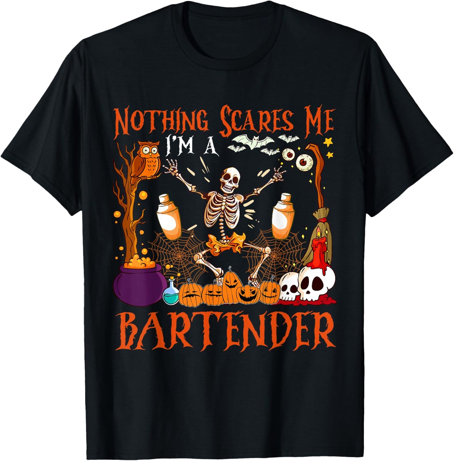 Nothing Scares Me I'm A Bartender Halloween Skeleton T-Shirt - T-Shirt | Black