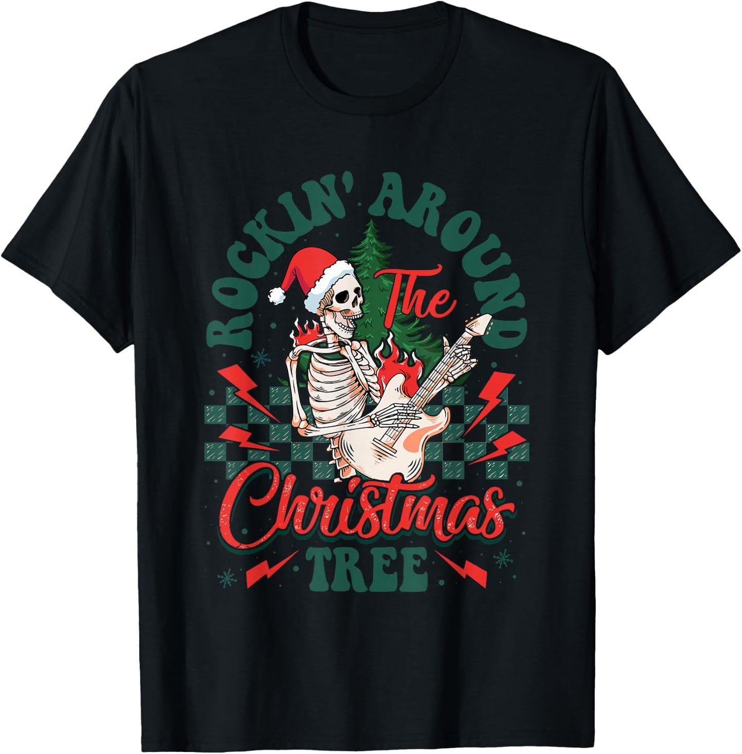 Retro Rockin Around The Christmas Tree Skeleton Plays Guitar T-Shirt - T-Shirt | Black