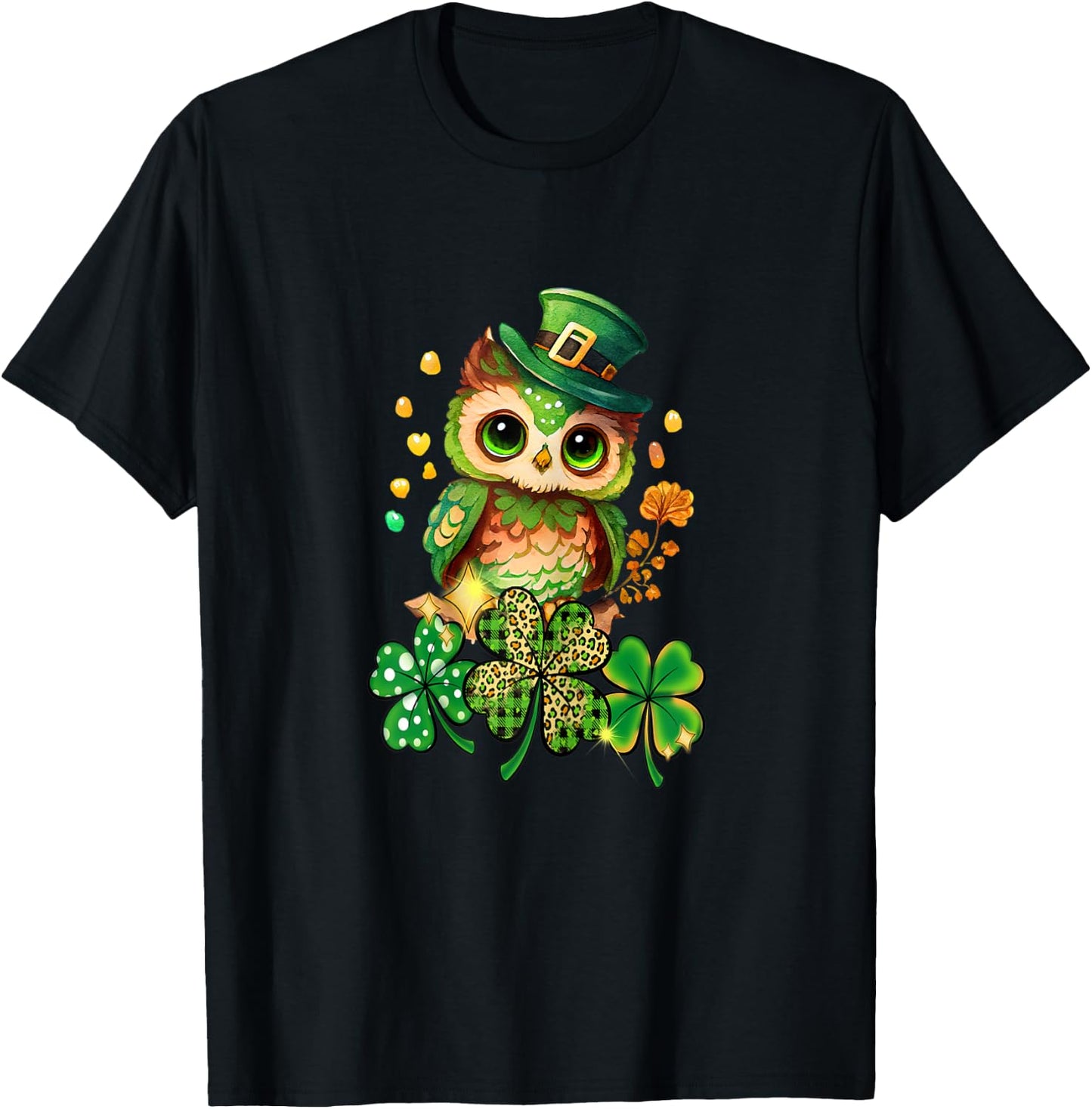 Chibi Owl Adorable St Patrick's Day Bird Lover Cute Clover T-Shirt - T-Shirt | Black